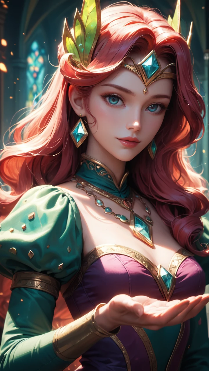 Guinevere, a princess who uses magic, is a soldier with wavy red hair, green eyes, A purple dress with some lotus flower details, And also a lotus flower bracelet on each wrist, Which also has a shiny crystal ball that contains the lotus flower inside, From the mobile game Mobile Legends, She is super vain and confident