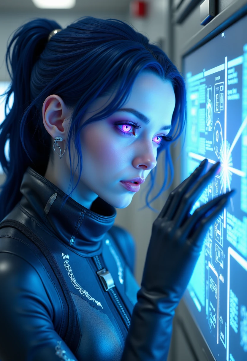 imagine full body shot of astra with blue skin, blue hair and purple eyes depicted in classic manga style, is deep in a laboratory, working on a holographic control panel. Her lavender eyes glow brightly as she uncovers a critical piece of alien technology. Her hair is tied back in a futuristic clip, and she’s wearing a sleek, form-fitting suit. The lab is filled with futuristic tech, detailed with clean lines and sharp contrasts.