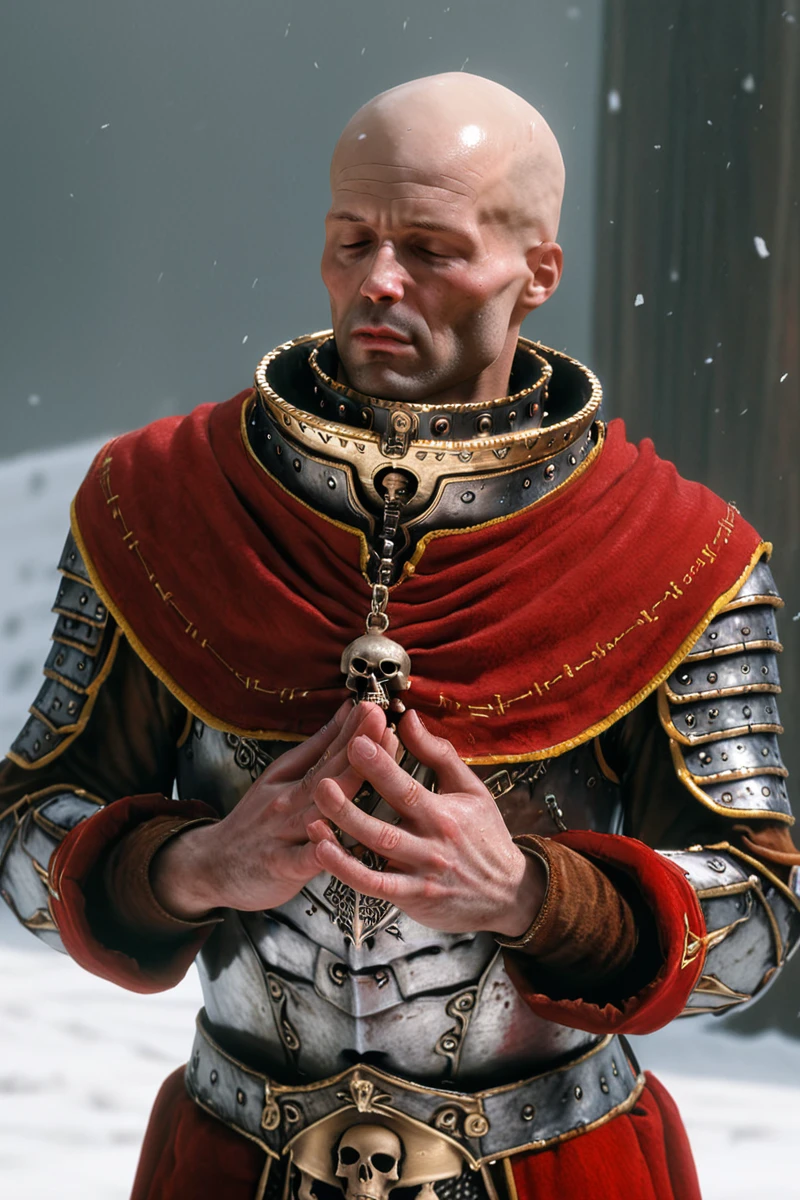 photorealism, snow, face close up, upper body face focus, solo, rim lighting, magical glow, <lora:Warrior_Priest_of_Sigmar_Mark_of_Chaos_XL-000009:0.8> w4rr1orpr1st, bald male, closed eye, hand on chest, praying,armor, red robes, red capelet, gold trim, metal collar, book at waist, skull symbol necklace, intricate details, high resolution,