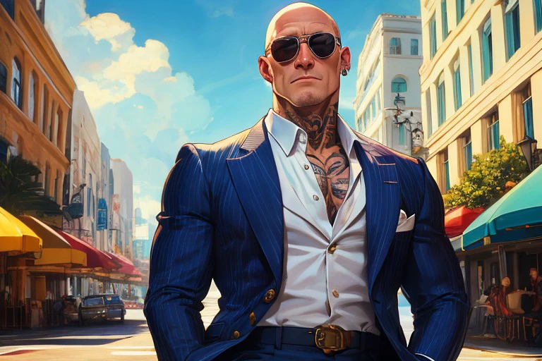 (masterpiece), best quality, expressive eyes, perfect face, masterpiece, highest quality, masterpiece, highest quality, A Futuristic mob boss with Alopecia, bald, completely hairless, White Mid 40s, attractive, no earrings, no hair on his body, no hair on his face, muscular, dressed like a 1920s gangster even though he is living in the year 2100, summer clothes, sleeves rolled up, tattoos on arms, on a Miami downtown street corner, fashionable sunglasses, <lora:0789830d-cb93-4cd2-bc90-cc2742bb2c45:0.7>