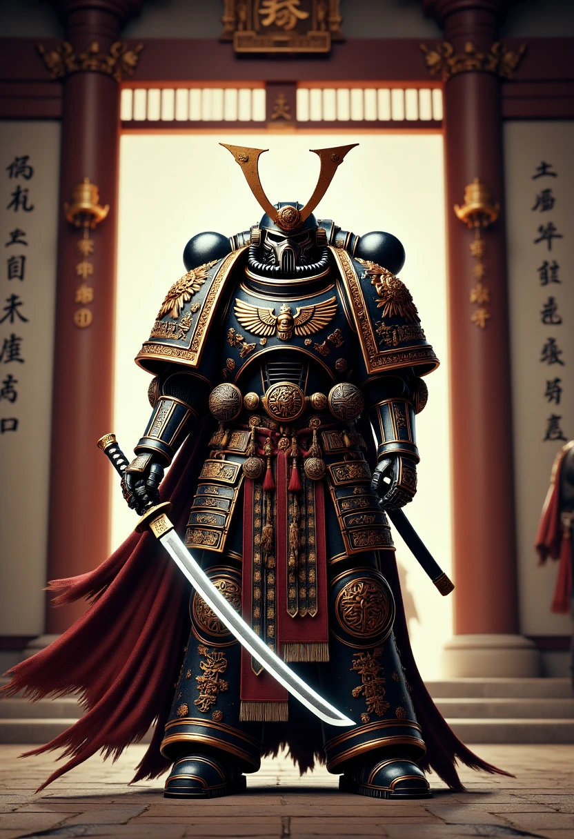 Image a photorealistic depiction of an Edo Space Marine in ceremonial armor, standing proudly before a traditional Japanese-style shrine within their fortress-monastery. The Marine, clad in ornate armor with intricate samurai motifs and a flowing cloak, holds a gleaming katana in one hand. The shrine, adorned with banners and symbols, casts a serene glow, contrasting with the Marine's imposing presence. Photorealism & Style: Wide shot with a focus on the Marine and shrine. The lighting is soft and ambient, highlighting the intricate details of the armor and the sacred atmosphere of the shrine.