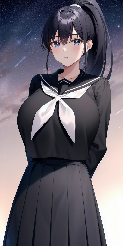 <lora:AchikaV5:0.7> masaki_achika_high_ponytail, huge_breasts, standing, solo, arms_behind_back, starry_sky, black_shirt_black_sailor_collar_white_neckerchief_long_sleeves_black_long_skirt, masterpiece, best_quality, detailed_face, detailed_eyes, highres, beautiful, detailed, absurdres,