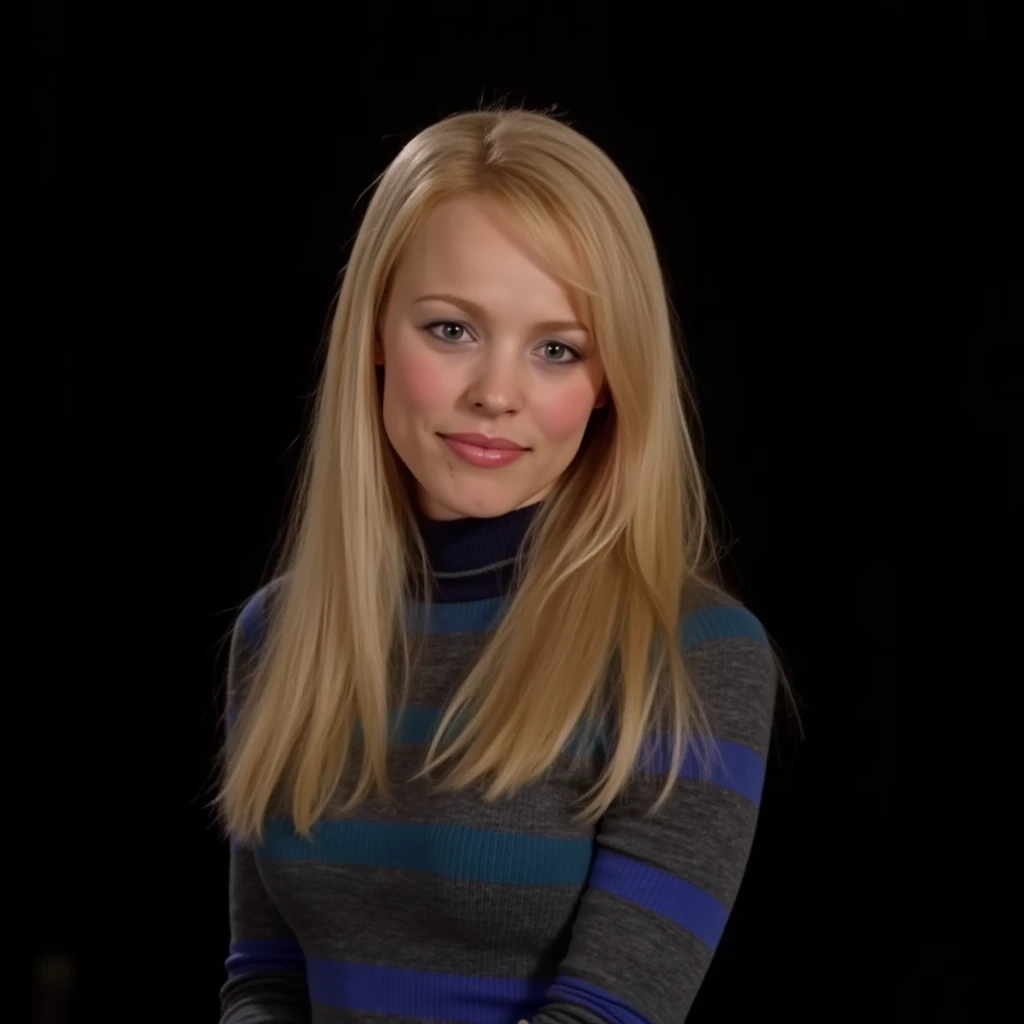 woman, half body shot, smiling, light makeup, realistic photo, blonde,  gazing directly at the camera with a neutral expression. She is wearing a multicolored knitted sweater against a dark background. Spotlight illumination, high quality