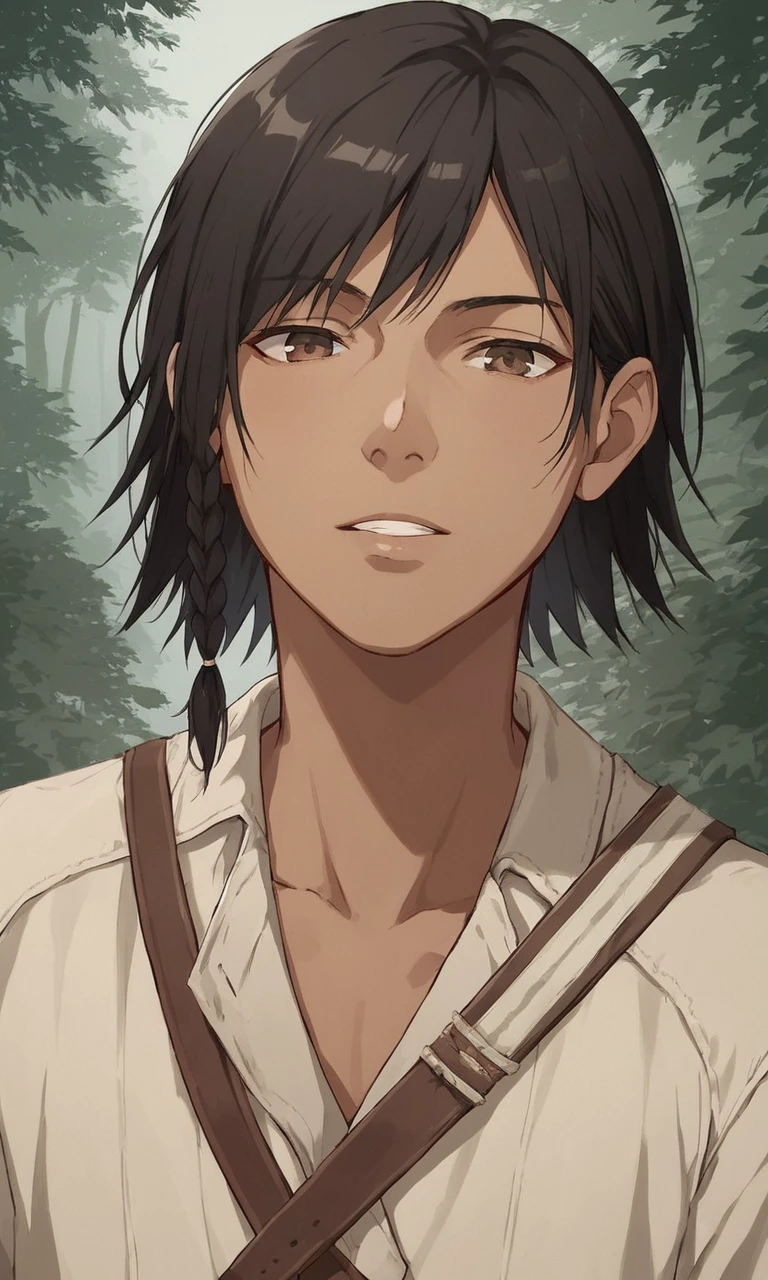 score_9, score_8_up, score_7_up, source_anime, anime illustration, masterpiece, best quality, lots of details, BREAK
1boy, solo, 18 years old, femboy:0.1, adult, connorkenway, looking at viewer, brown eyes, black hair, brown hair, side braid, dense forest, tan