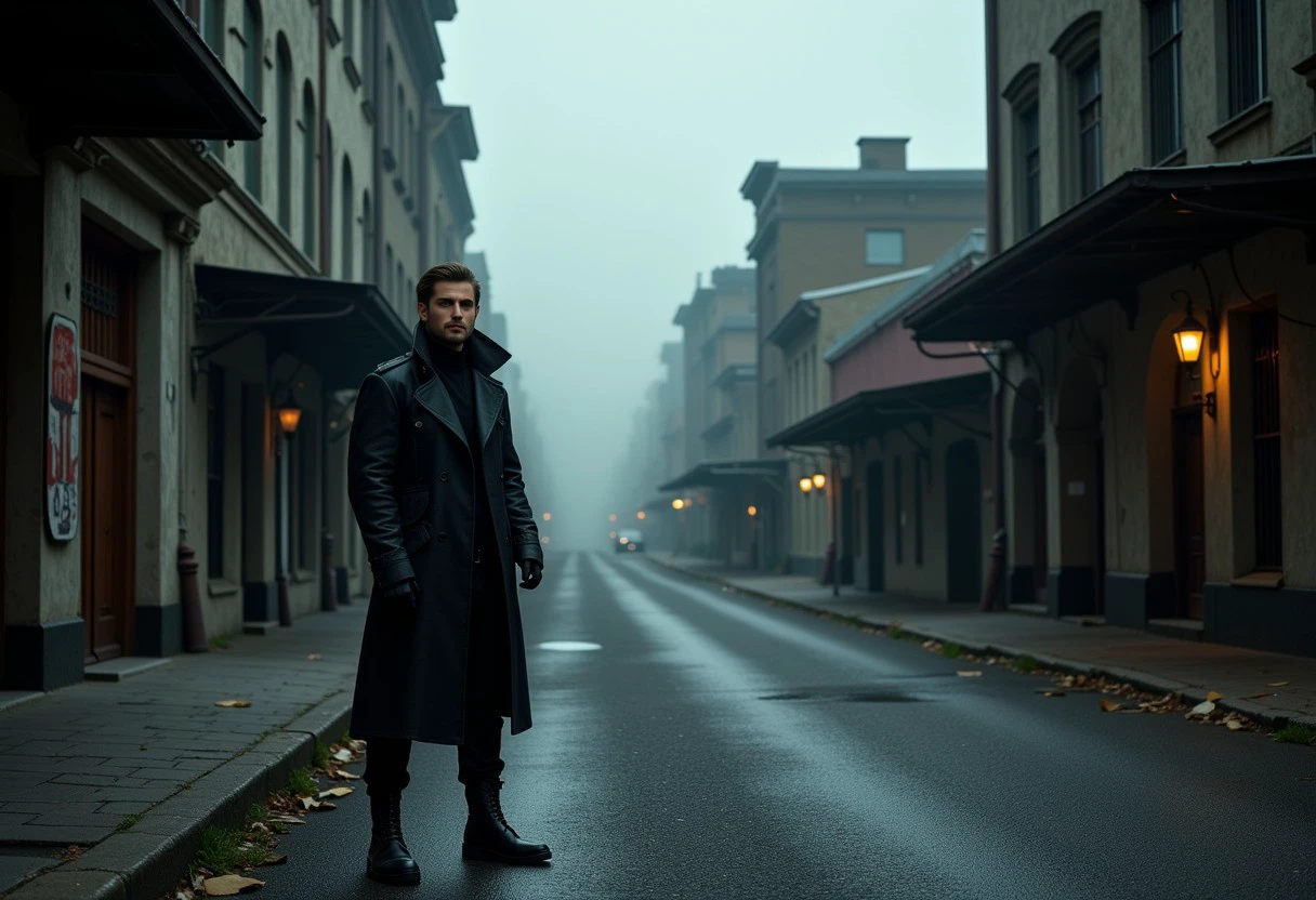 there is an abandoned dark burnt down Silent Hill scene with a very handsome strong man in a black TrenchCoat and boots standing in the street, he shows a sad demeanor as someone that has lost his relative, wearing black leather TrenchCoat, gothic coat, black draconic - leather, stylish coat for a rave, black greatcoat, eerie nostalgic concept art, mist and smoke on the air, low-key lighting, photorealistic dark concept art, silent hill concept art, haunted town exterior, exterior background art, in a old exterior street area. hyper realistic, horror environment, rusted silent hill, post grunge concept art, creepy environment, dark cinematic volumetric lighting, extreme wide shot with Sony Fx6