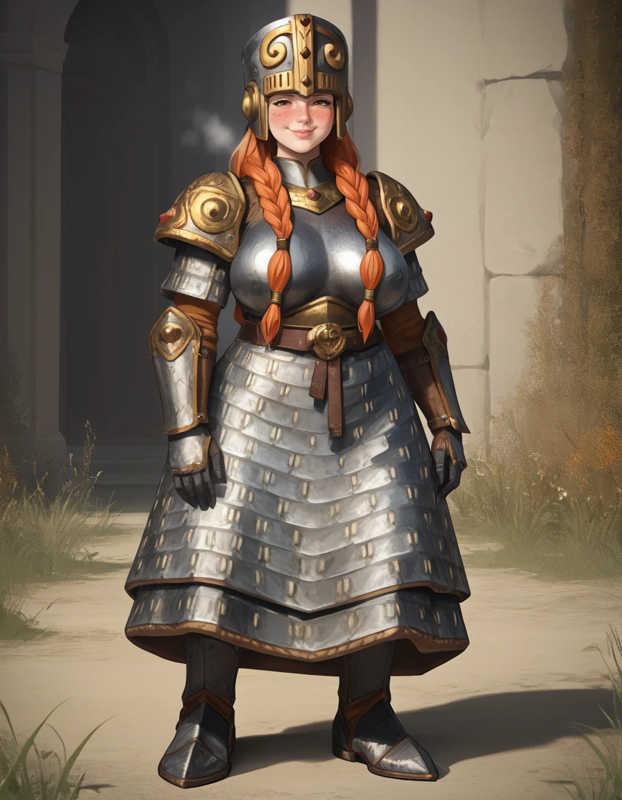 score_9, score_8_up, score_7_up, full body,
DwarfHammerer, armor, orange hair, long hair, braid, helmet, mature female, solo,
looking at viewer, blush, in heat, smile, curvy, mature eyes, freckles,
<lora:DwarfHammerer_PonyXL:0.75>