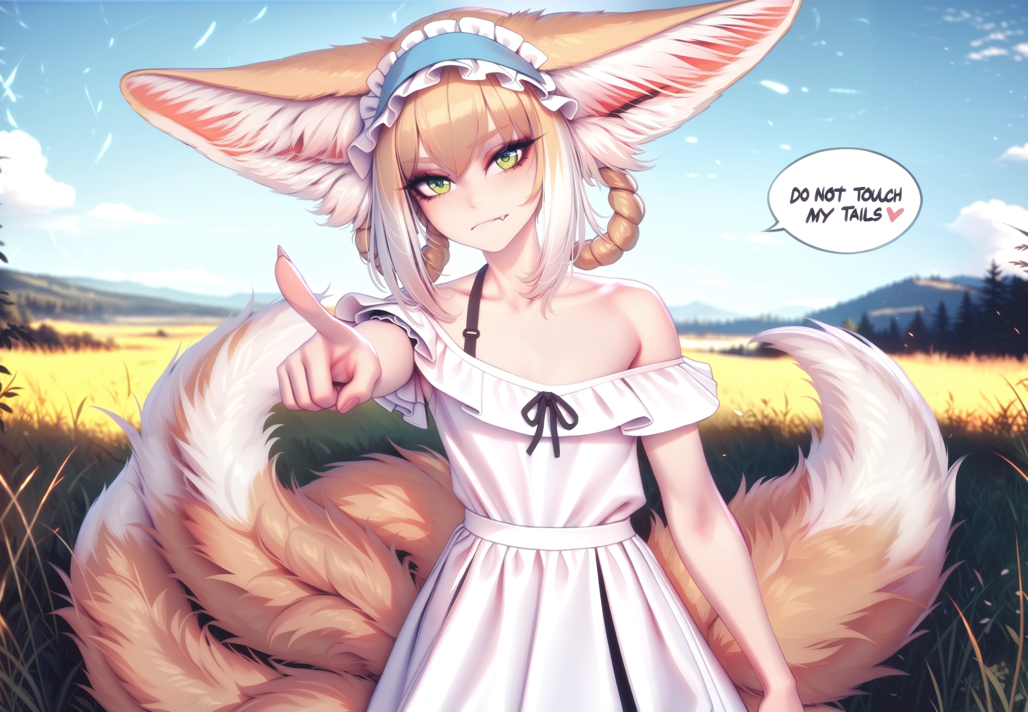 best quality, masterpiece, by personal ami, by ratatatat74,  ink style, speech bubble with (text do not touch my tails!:1.2),
1girl, suzuran \(arknights\), fox girl, fox ears, fox tails, kitsune, blonde hair, hair rings, green eyes, frilled hairband, white summer dress, collarbone, fang, head tilt,pointing at viewer,
outdoors, meadows, high grass, blue sky