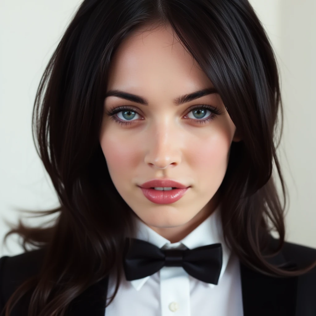 woman, light makeup,tuxedo, blank background, close-up, m3g4n