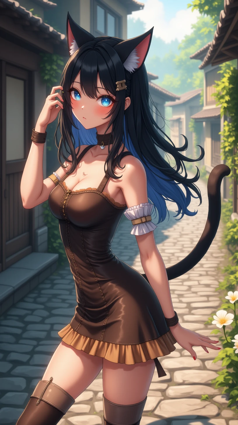 An anime-style portrait image of a Beautiful Neko Woman as she is posing along a cobblestone road.   She is in a rustic old village.   She has long black hair and blue eyes.   She is wearing a rustic-styled mini dress with high-heeled boots.,A close up view of her face and torso. Cat Ears,Slender Fuzzy Cat Tail,<lora:KittyGal:1>,k1ttyg4l,