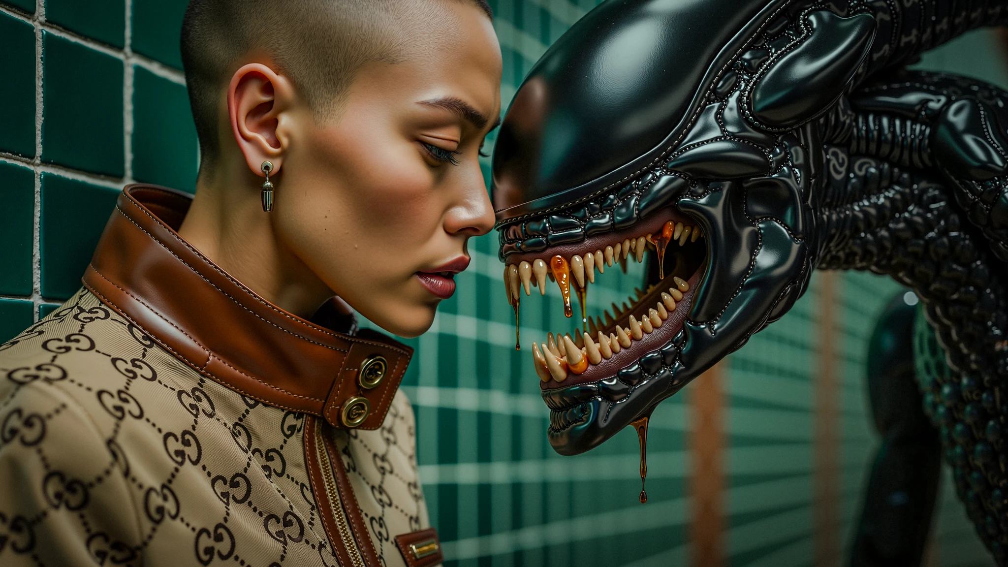 Create a cinematic close-up scene inspired by Alien, featuring a bald Korean supermodel pressed against a cold, tiled wall, wearing a distressed beige and brown Gucci short set with a belted jacket,two gucci logo buttons, monogrammed shorts, and mid-calf Gucci boots. The model is drenched in sweat, her body frozen in place as she faces the xenomorph only inches away from her.

Her expression is a mix of overwhelming fear and grim determination:. Her eyes are squeezed shut, her brow deeply furrowed. Her mouth is slightly open, lips trembling as she struggles to control her breathing. Beads of sweat trail down her face, mixing with the stress and tension of the moment. Her jaw is clenched, giving away the intensity of the danger, but she remains silent, trying not to give in to terror.

The xenomorph’s head looms terrifyingly close, its sharp teeth bared as thick, acidic green slime drips from its gaping jaws. The alien's mouth oozes a grotesque mix of saliva and toxic slime, strands of it stretching from its teeth, while some of the drops hit the floor with a faint sizzle, creating tiny plumes of acidic smoke. The slime clings to its lips and sharp fangs, making the scene even more horrifying and visceral. The alien's black, biomechanical body contrasts sharply with the model’s Gucci outfit, heightening the tension between luxury and survival horror.

Lighting:
Dim, industrial lighting with brief flickers from emergency lights, casting eerie reflections off the xenomorph’s slick, slimy skin. The muted, cold lighting enhances the wet, dripping effect of the alien’s acidic saliva, while the highlights emphasize the sweat on the model’s face.

Camera Angle:
A claustrophobic close-up shot, with the alien’s dripping jaws front and center, slime glistening as it dangles from its mouth. The model’s face, just inches away, is captured in sharp detail, her fear palpable as she braces for what might come next. The focus alternates between the alien’s slime-covered jaws and the model’s intense expression.