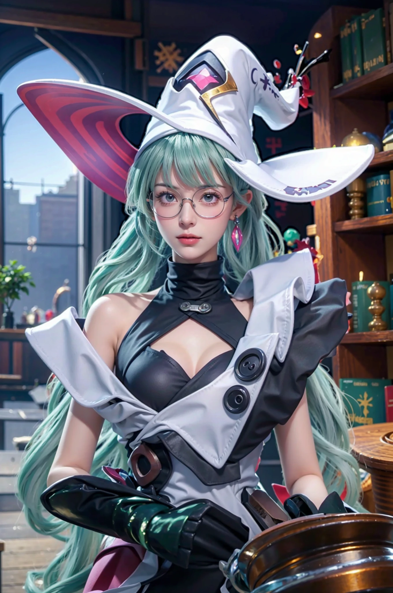 <lora:Airi_Black_Magician_AoV_Model_LoRA:0.4>, Airi Black Magician, cat, 1girl, solo, long hair, very long hair, green hair, aqua hair, bangs, twintails, hat, witch hat, white headwear, earrings, looking at viewer, purple eyes, parted lips, black cat, smile, indoor, table, book, lamp, room, holding, holding book
 , <lora:circle-glasses_v1.1:1>, ((circle-glasses)), best quality, ultra high res, (photorealistic:1.4), masterpiece, real life skin, hyper real