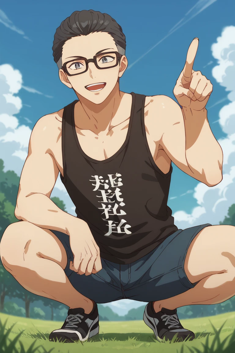 score_9, score_8_up, score_7_up, source_anime, rating_questionable, pointing, KojiGIVEN, (black-grey_Koji_hair), black_Koji_glasses, black slit pupils, 1boy, male focus, anime screencap, tank top, Jpaanese clothes writing, casual clothes, open mouth, wide smile, squatting, parted lips, head tilt, looking down at viewer, hands with five fingers, blurry outdoors plains, grass, from below, cute-sweet wallpaper, happy-cheery