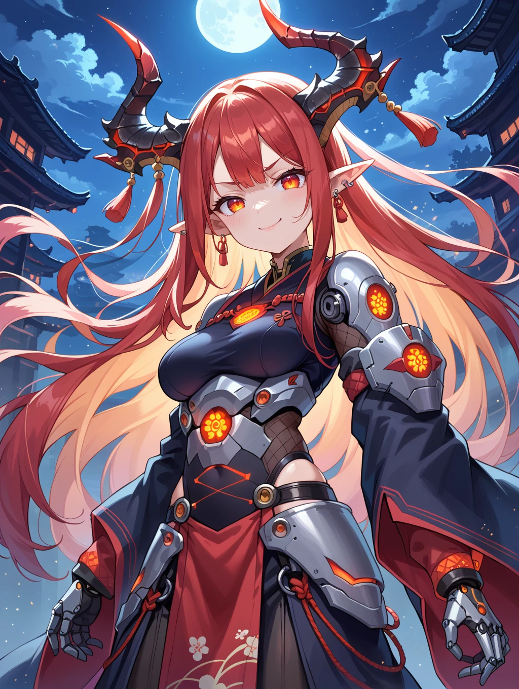 score_9, score_8_up, score_7_up,source_anime,
cowboy shot, night, 1girl, cel-shading, backlit, delicate features, very long hair,medium breasts, horns, cyborg, pointy elf ears, multiple ear piercings, techwear, large horns, dynamic pose, red glowing machine parts, hair oranments, smug, seductive smile, battle armour, chestplate, japanese dress,