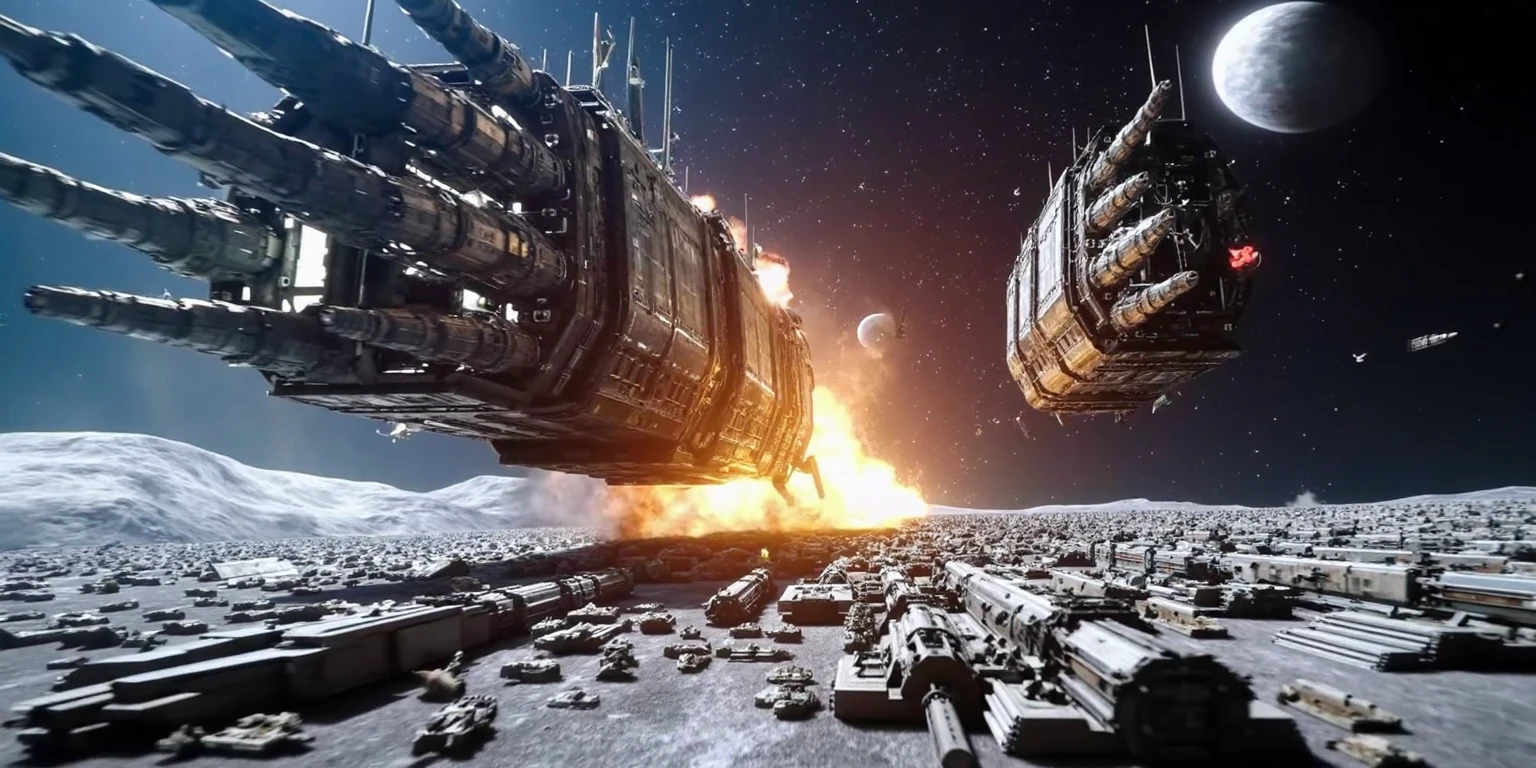 space-battle hyperreal explosively violent space battle between massive capital ships in space above an alien moon, side view  . cinematic color photograph.