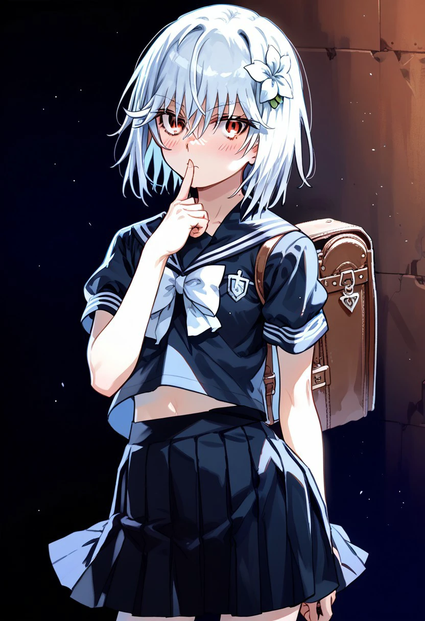 score_9,score_8_up,score_7_up,source_anime, Suzushina Yuriko,1girl,solo,looking at viewer,blush,short hair,skirt,hair ornament,red eyes,school uniform,flower,white hair,serafuku,hair flower,sailor collar,bag,genderswap,finger to mouth,seiza,genderswap \(mtf\),a certain high school uniform,accelerator \(toaru majutsu no index\),