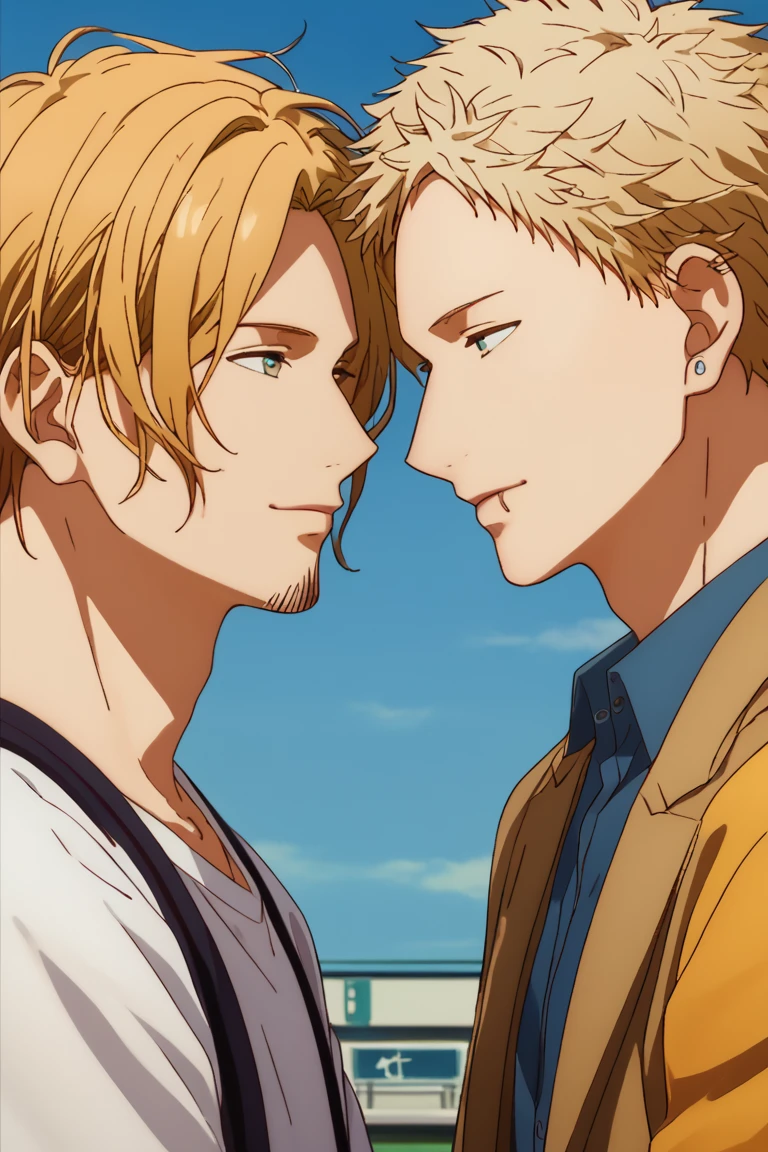 Prompt: score_9, score_8_up, score_7_up, source_anime, rating_safe, KajiGIVEN, HarukiGIVEN, gay couple focus, yellow_Kaji_short hair, 1stboy, blonde_Haruki_male hair, black_Haruki_facial hair, 2ndboy, anime screencap