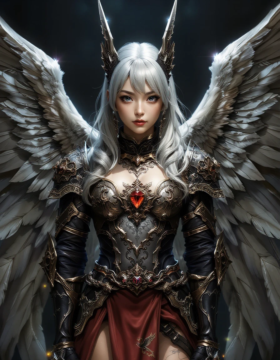 masterpieces, best quality, highres
a J-POP girl in standing along, solo, blue eyes, sliver hair, full body, wings down,
which is positioned vertically, wearing a costume,
tattoo on the breasts, tattoo cleavage, (tattoo),
action to viewer, cloudy theme,
helmet, spark armor, extreme detailed ornate armor,
diamond girdle, gemstone choker, skinny tattoo, flora tattoo,
magnificent, gorgeous, luxurious, ornaments,
spot light, dark seamless background, dark theme, high key light, rim light, spark holy light reflection,
holy armor,
<lora:hinaFluxFantasyArmorMix-schnell_v1-rev1:0.9>
<lora:hinaFluxAsianMixLora-schnell_v1:0.6>