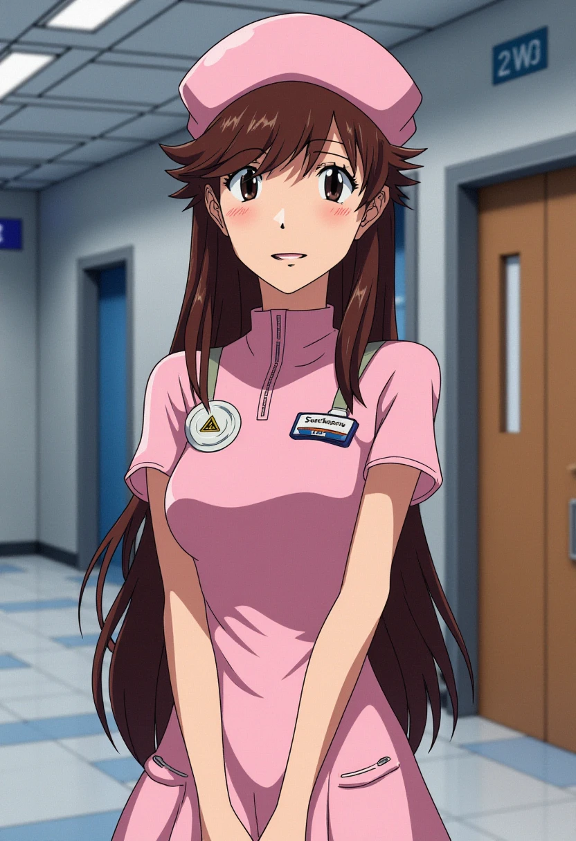 A detailed portrait of suzuharasakura. 
Anime style, sharp, high contrast and highly detailed. Ghibli anime style. Perfect anatomy. Perfect body ratio. No oversized head. No blurry, out of focus pictures. No simple background, no single color background. 
She is wearing a light pink nurse uniform and a pure color nurse cap. She is standing in a modern hospital lobby, looking at the camera with a gentle smile. On her uniform there is an Id card that reads "Suzuhara".
   <lora:Suzuhara Sakura - Flux prototype_epoch_5:1>
 <lora:Nurse_Uniform_-_Anime_Flux-000001:1>