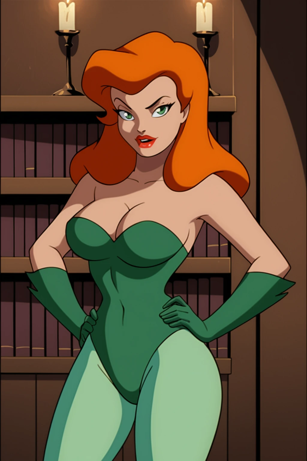 PonyXLV6_Scores BREAK (1980s (style), retro artstyle, perfect anatomy, perfect eyes, cowboy shot), <lora:add_details_xl:0.8> BREAK <lora:Poison_Ivy:0.8> pamela isley, long hair, orange hair, green eyes, lipstick, red lips, flirting, raised eyebrow, ((looking at viewer)), bare shoulders, cleavage, leotard, green gloves, pantyhose, curvy, toned, athletic, large breasts, standing, hands on hip, sexually suggestive, indoors