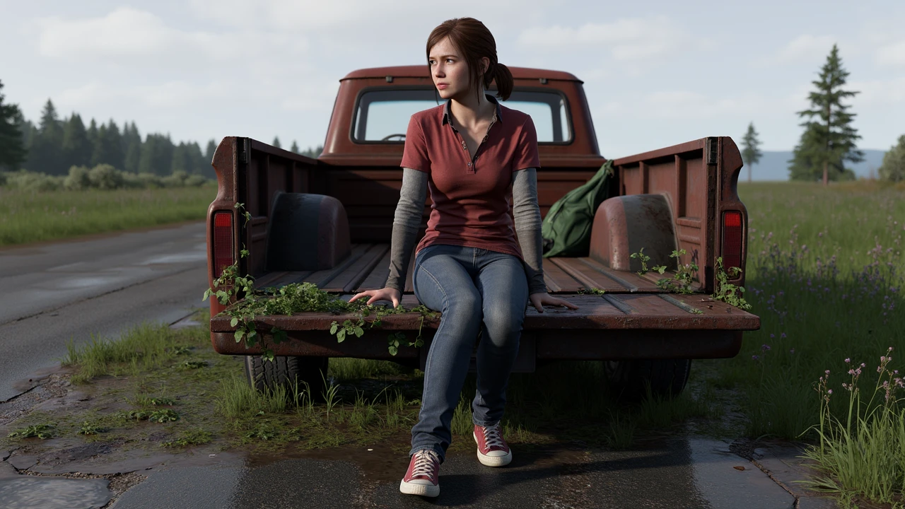 Highly detailed image of Ellie from The Last of Us Part I, sitting on the back of a rusty, post-apocalyptic truck. She has a serious, contemplative expression, wearing a red button-up shirt over a gray long-sleeve, with blue jeans and worn-out red Converse sneakers. Her brown hair is tied back, and she appears slightly disheveled, reflecting the harsh survival environment. The setting is an overgrown, abandoned area with patches of tall grass and wild plants sprouting from the cracked pavement. The truck is grimy, covered in dirt, and shows signs of wear, with vines creeping up its sides and a green backpack resting next to Ellie. The sky is overcast, adding to the bleak, dystopian atmosphere. The overall mood should convey a sense of loneliness, survival, and resilience in a world ravaged by an apocalypse,  <lora:ellie-the-last-of-us-part-i:1>