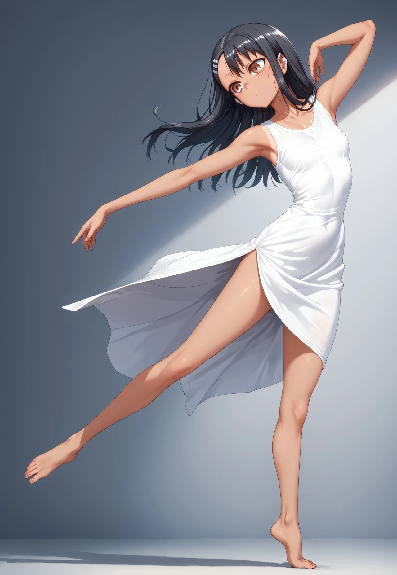 
score_9, score_8_up, score_7_up, ((( )))
,
((( 1girl, solo, Pose002, dancing, standing on one leg)))
,
((  ))
,
((( Petite )))
,
((( )))
,
((nagatoro hayase, brown eyes, dark-skinned female, tan, black hair, hairclip, earclip, hair ornament, long hair, dancing dress)
,
(( Empty white room ))
,
(((  )))
,
((((  ))) 