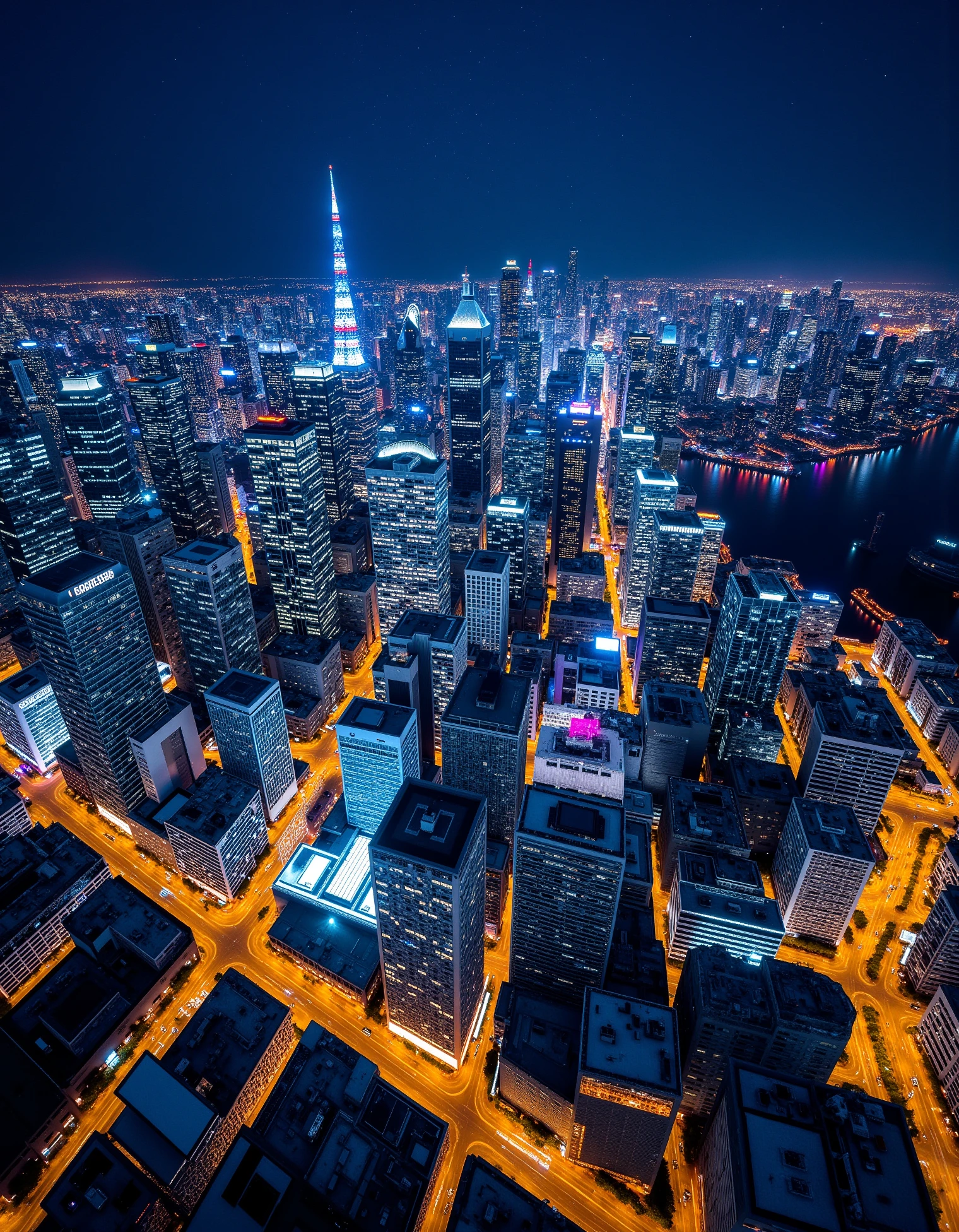 zavy-rlvw, Aerial view of a bustling city at night, with skyscrapers illuminated by countless lights. The streets are alive with the movement of cars, creating streaks of light. The city’s grid layout is evident, and a river runs through it, reflecting the lights like a mirror. The scene is vibrant, with a clear sky above