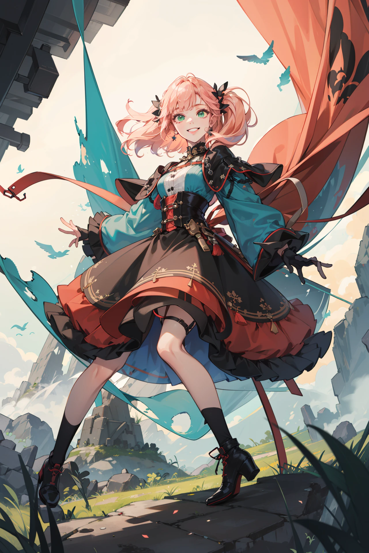 (absurdres, highres, ultra detailed, masterpiece, best quality), full body, dutch angle, finely detailed eyes and detailed face, intricate details, complex background, cinematic lighting, 1girl, solo, sleek hair, Salmon pink hair, green eyes, depth of field, from directly below, dynamic angle, smile, (album cover)
majestic peaks, rugged terrain, panoramic vistas, alpine beauty, outdoor adventure, breathtaking heights
textile art, fiber manipulation, woven designs, fabric collage, quilting, embroidery, innovative techniques, tactile creations