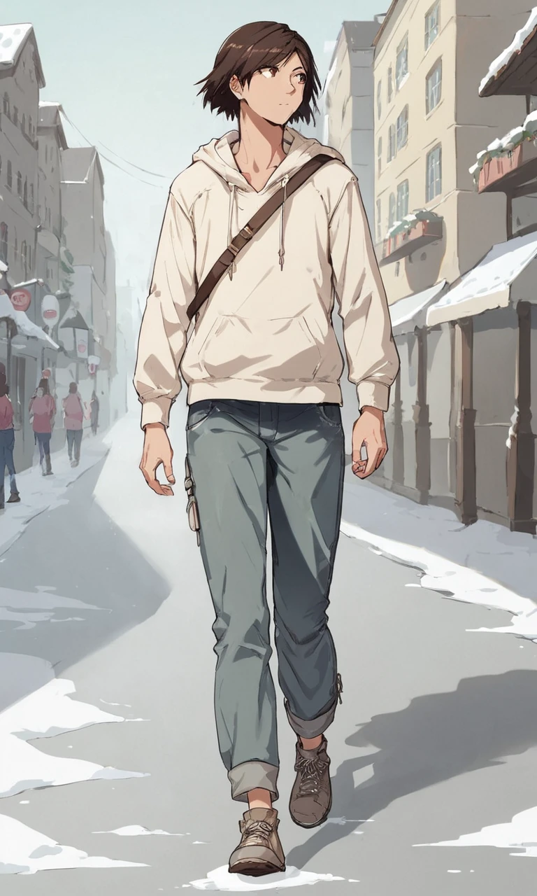 score_9, score_8_up, score_7_up, source_anime, anime illustration, masterpiece, best quality, lots of details, outdoors, skyscrapers, city, street, night, snowy, christmas decoration, BREAK
1boy, solo, 18 years old, femboy:0.1, adult, connorkenway, brown eyes, black hair, brown hair, tan, shiny skin, cream-colored hoodie, blue loose cargo pants, hands in hoodie pockets, looking away, walking