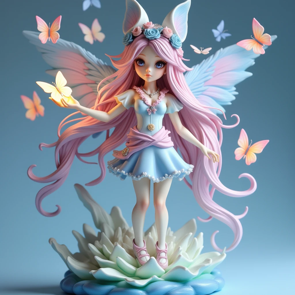 3Dfigure,A magical girl with pastel-colored hair, casting a healing spell, surrounded by soft glowing light and floating butterflies.