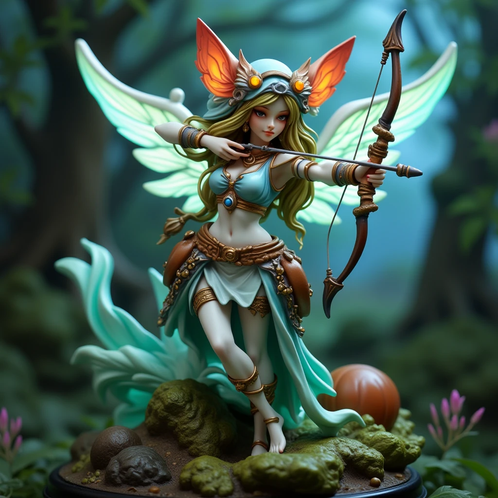 3Dfigure, A mystical elf archer with glowing eyes, drawing her ethereal bow as magical energy swirls around her in an enchanted forest.

