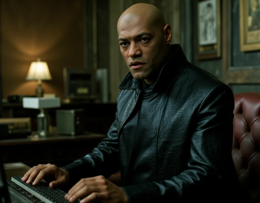 Morpheus is a bald man wears a long black latex jacket. he works on a vintage computer in an office  <lora:Morpheus:0.9>