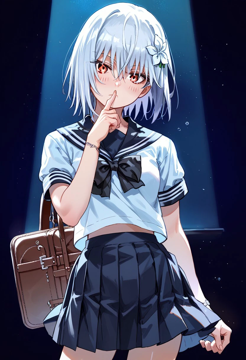 score_9,score_8_up,score_7_up,source_anime, Suzushina Yuriko,1girl,solo,looking at viewer,blush,short hair,skirt,hair ornament,red eyes,school uniform,flower,white hair,serafuku,hair flower,sailor collar,bag,genderswap,finger to mouth,seiza,genderswap \(mtf\),a certain high school uniform,accelerator \(toaru majutsu no index\),