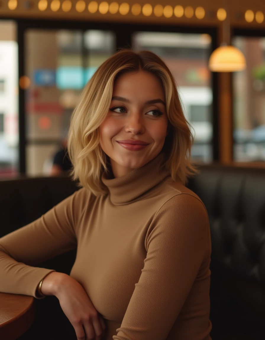 <lora:Sydney_Sweeney_Flux:1> realistic photo of sydneysweeney, wearing a turtleneck dress  in a cafe looking at viewer smiling