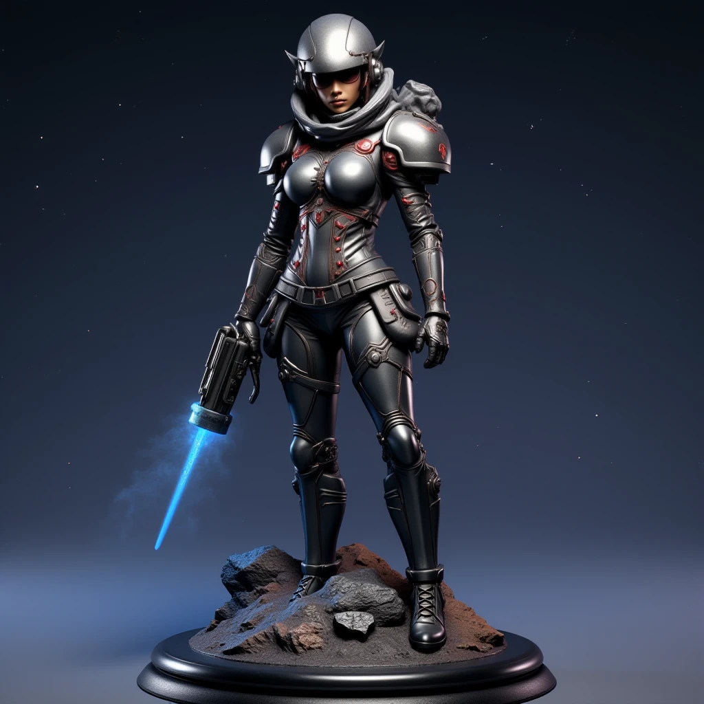 3Dfigure, A futuristic bounty hunter in sleek armor, holding a laser gun, standing confidently on a spaceship platform with stars in the background