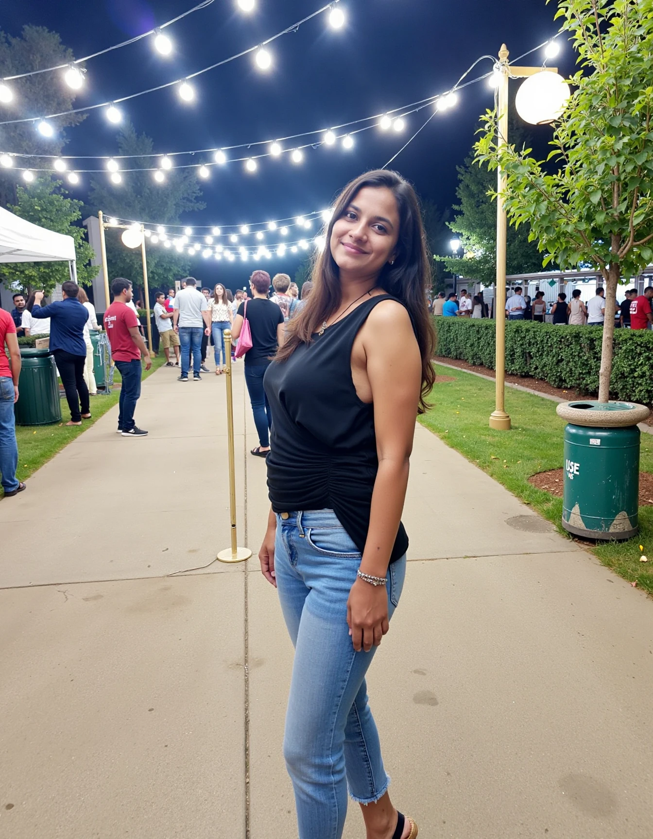 (wide angle), (angled view), (full body view), (evening), (young tall Penelope Cruz aged 18), candid, (looking to the side), ((extremely tall college student)), walking through a trendy outdoor beer garden in New York City in a large crowd, fairie lights, dimly lit, ((slim)), ((arafed)), ((skinny)), weathered wooden tables, bright eyes, casual, cute, (nighttime), dark, symmetric eyes, tall beer glass, beers, busy, many diverse people, symmetric breasts, (tucked-in short-sleeved scoop-neck blouse), (stretched fabric), (plain sneakers), (cleavage), ((skindentation)), plain jeans, (long full very wavy dark auburn hair), (bangs), ((very long hair)), (jumbo huge colossal gigantic breasts), (bursting breasts)