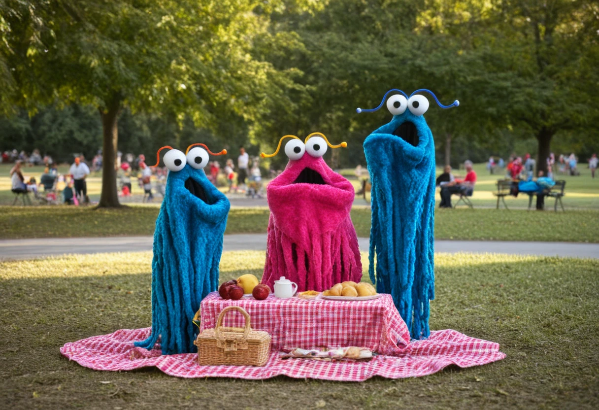 PHOTO OF YIP YIP MARTIANS AT THE PARK FOR A PICNIC,<lora:YIP YIP MARTIANS XL_V1:1>,