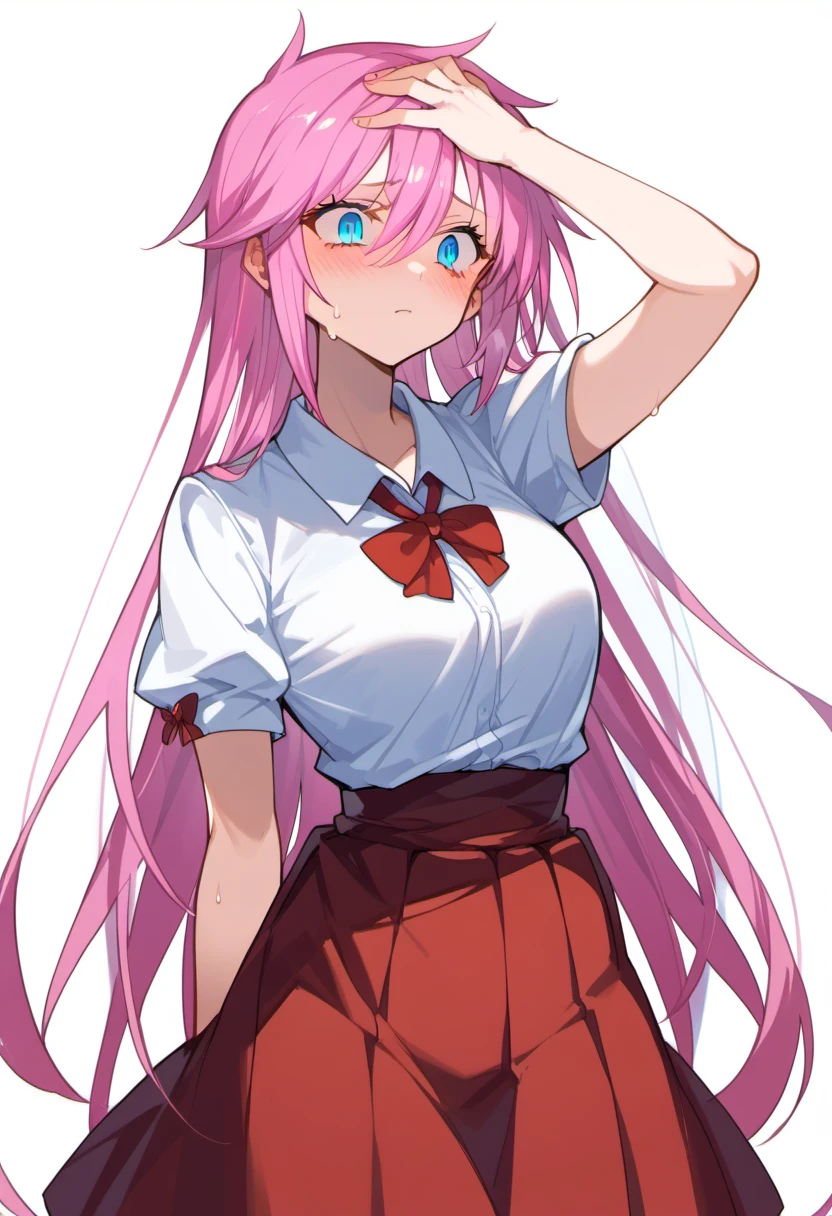 score_9, score_8_up, score_7_up, source anime, kurusu miki, 1girl, long hair, blue eyes, slit pupils, red skirt, red bow, pink hair, blush, breasts, very long hair, hair between eyes, white shirt, solo, puffy short sleeves, hand on forehead, sweat on face, white background, <lora:kurusu_miki-xl-pony-v1:1>,