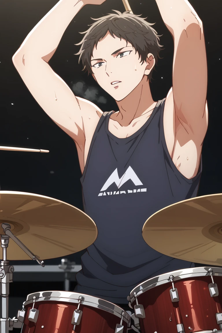 score_9, score_8_up, score_7_up, source_anime, rating_safe, arms up, holding drumsticks, YagiGIVEN, black_Yagi_short hair, black_Yagi_eyes, 2ndboy, 2ndmale focus, anime screencap, plain tank top, sweating, parted lips, heavy breathing, hands with five fingers, blurry indoor studio, drumset, from below, cute-sweet wallpaper, steam