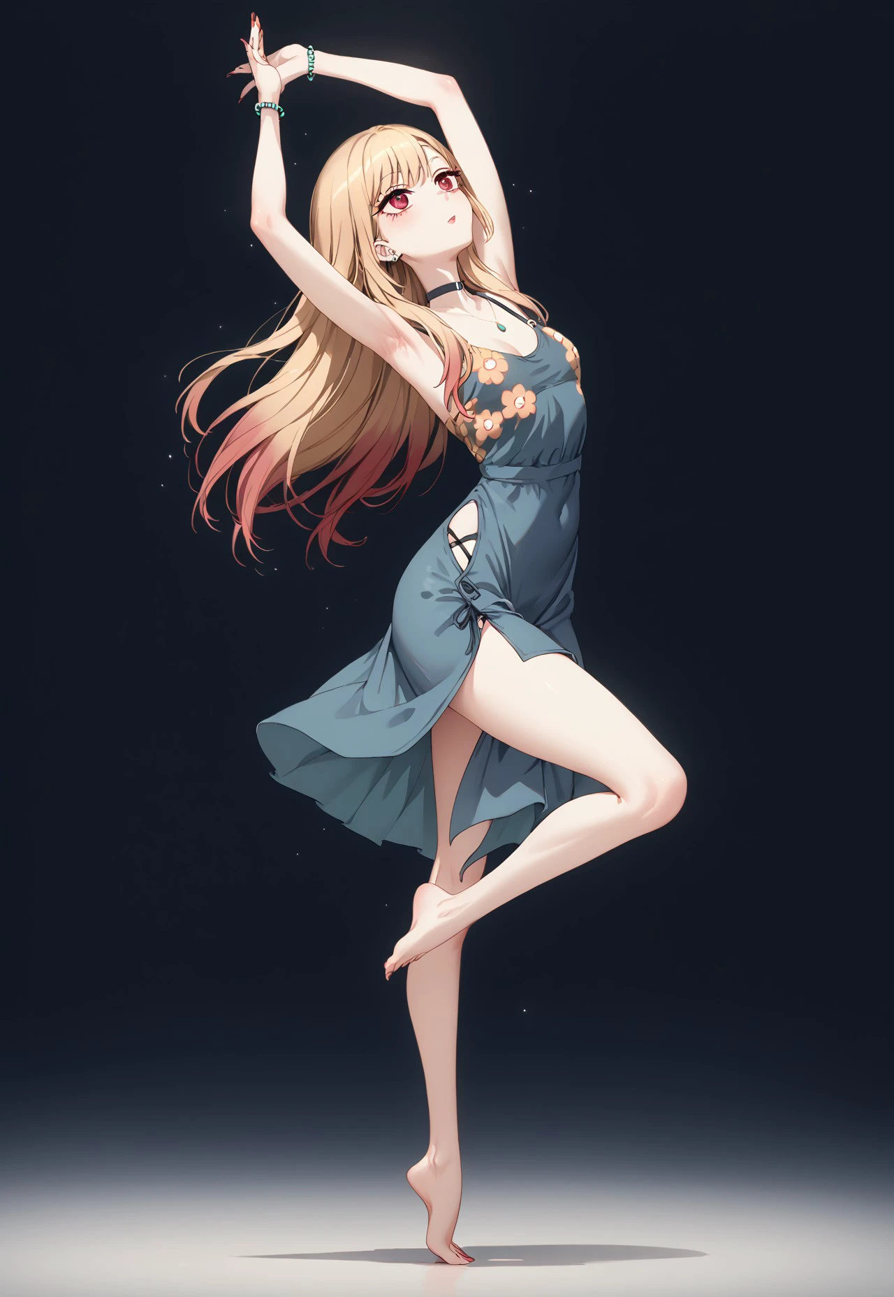 
score_9, score_8_up, score_7_up, ((( )))
,
((( 1girl, solo, pa001, dancing, standing on one leg)))
,
((  ))
,
((( Petite )))
,
((( )))
,
((marin kitagawa, long hair, bangs, blonde hair, red eyes, multicolored hair, night dress))
,
(( Empty white room ))
,
(((  )))
,
((((  ))) 