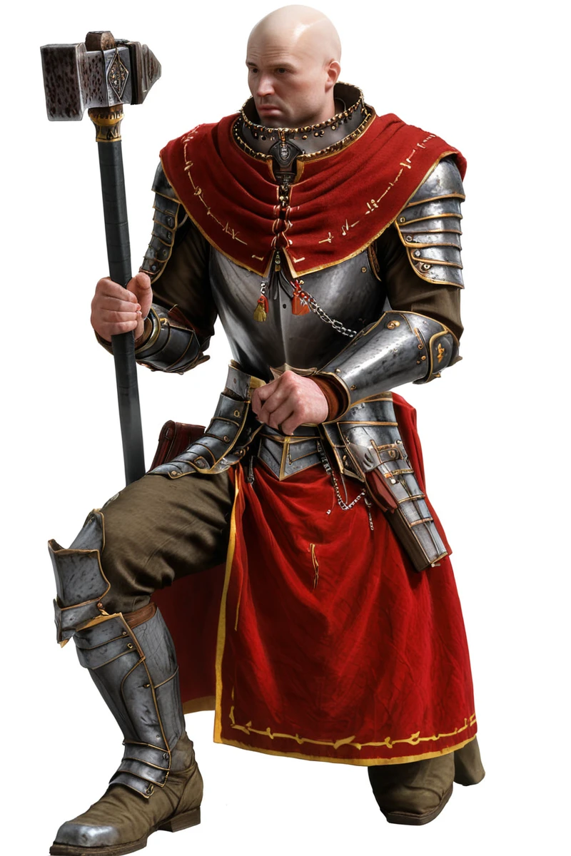 photorealism, simple white background, full body, solo, <lora:Warrior_Priest_of_Sigmar_Mark_of_Chaos_XL-000009:0.8> w4rr1orpr1st, bald male kneeling on one knee, armor, holding war hammer weapon, another hand holding necklace, red robes, red capelet, gold trim, metal collar, book at waist, intricate details, high resolution,