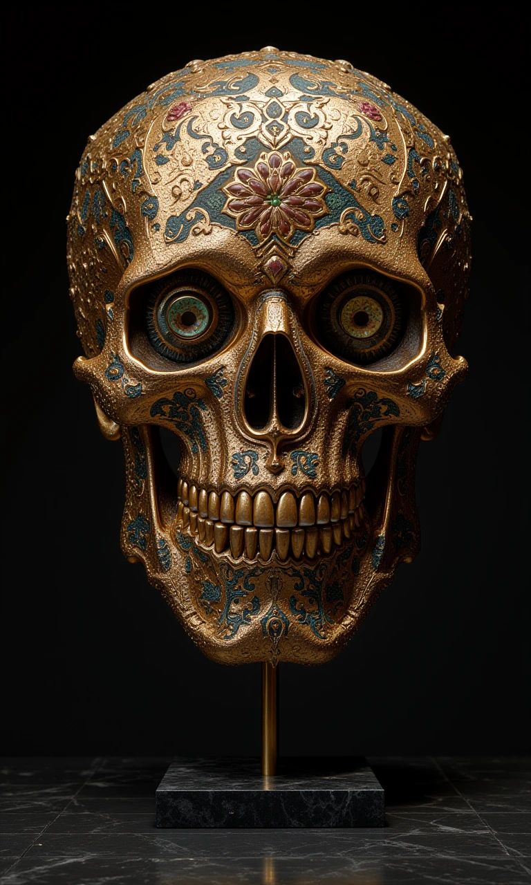 An artistic skull on a display stand, Metallic floral pattern. <lora:flux1-D\flux.1_lora_flyway_Epic-Characters_v1.preview:1.0>