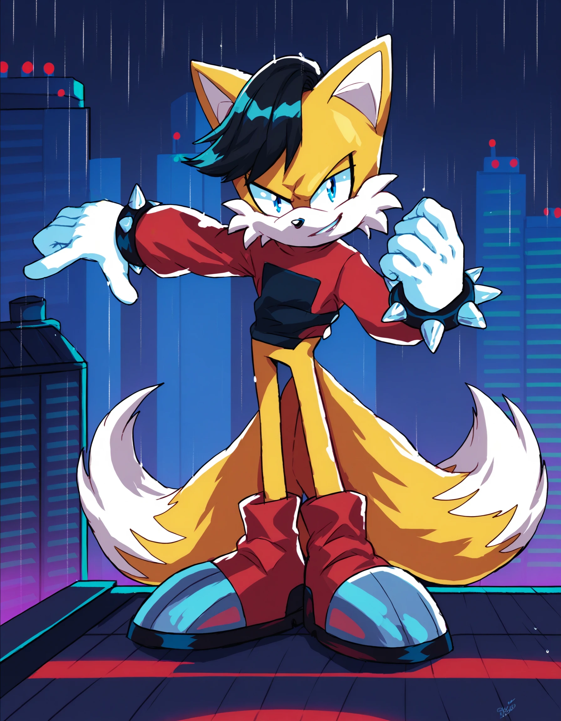 score_9, score_8_up, score_7_up, score_6_up, score_5_up, score_4_up, 
Tails the fox, 
fullbody, two tails, (short), 1boy, blue eyes, yellow fur, white fur, white muzzle, black hair, sideswept hair, 
red footwear, white gloves, red shirt, spiked bracelet, long sleeves,
looking at viewer, smirk, 
standing, dynamic pose,
rain, night, rooftop, neon cityscape background, detailed face, detailed background,
antitails,  <lora:Anti_Tails_Sonic_XL:1>