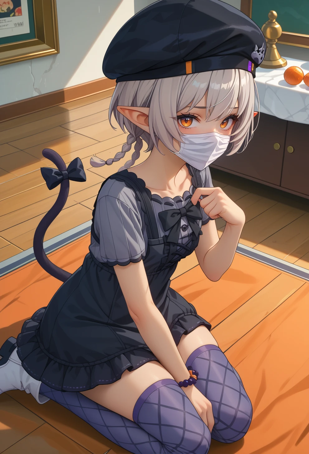 score_9, score_7_up, source_anime, BREAK <lora:AEArchie:0.8> AEArchie, orange eyes, brown eyes, grey hair, short hair, low twintails, twin brainds, pointy ears, animal ears, braid, cat tail, dark-skin, mole under eye, mouth mask, tail bow, black headwear, beret, black bow, grey shirt, short sleeves, black dress, short dress, center frills, bead bracelet, watch, argyle legwear, grey thighhighs, purple thighhighs, blue thighhighs, boots, cross-laced, white footwear, zettai tyoiki, 
hand between legs, indoors, looking at viewer, from above, (mask pull:1.3), open mouth, saliva, tongue out, face_focus,