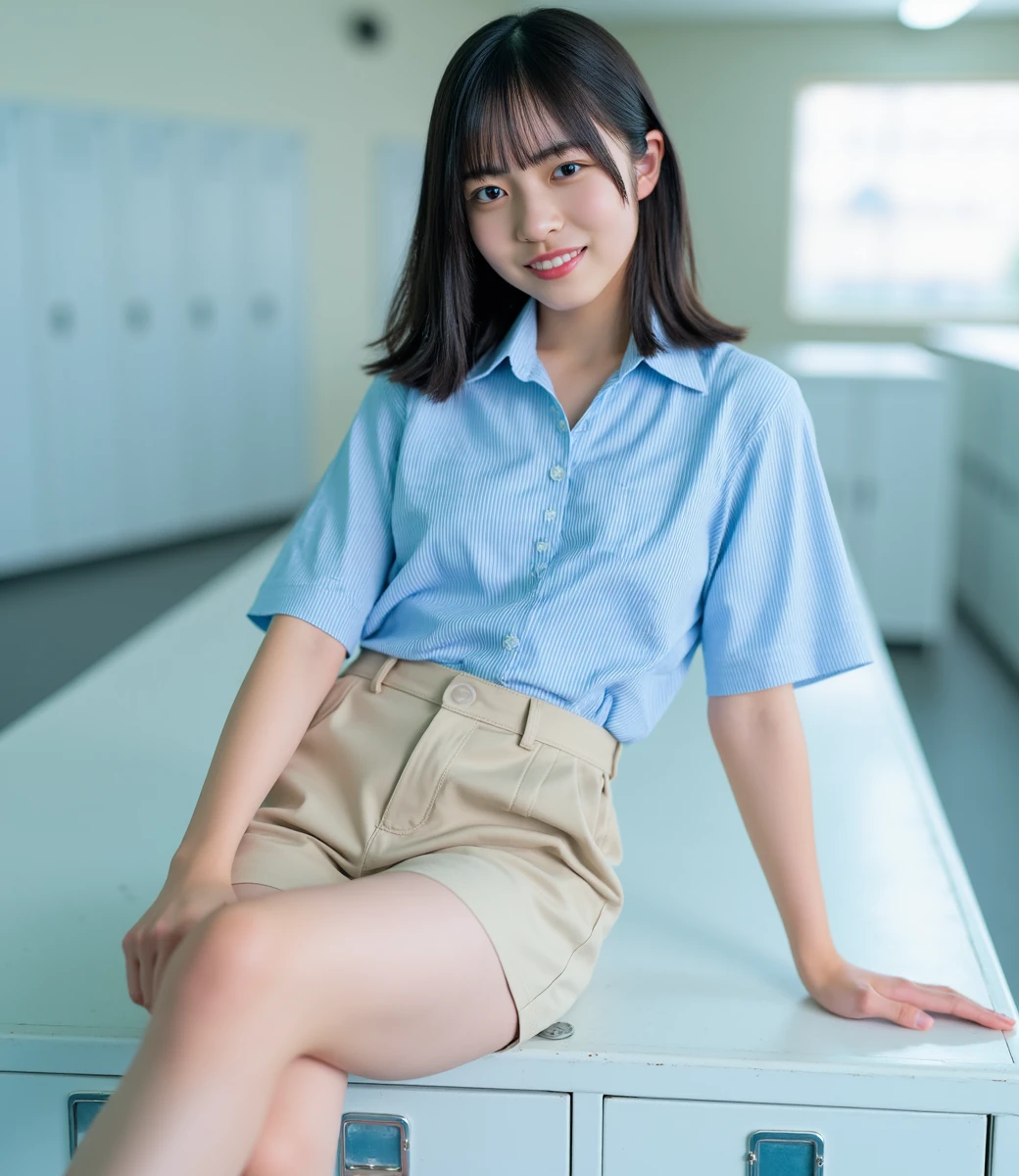 SHOGENJI, The image shows a young woman sitting on top of a white locker in a locker room. She is wearing a blue and white striped shirt and beige shorts. She has shoulder-length dark hair and is smiling at the camera. The locker has a colorful design on it and there are several lockers in the background. The room appears to be well-lit with natural light coming in from the windows.Natural lighting, Soft cool tones, photorealistic, 