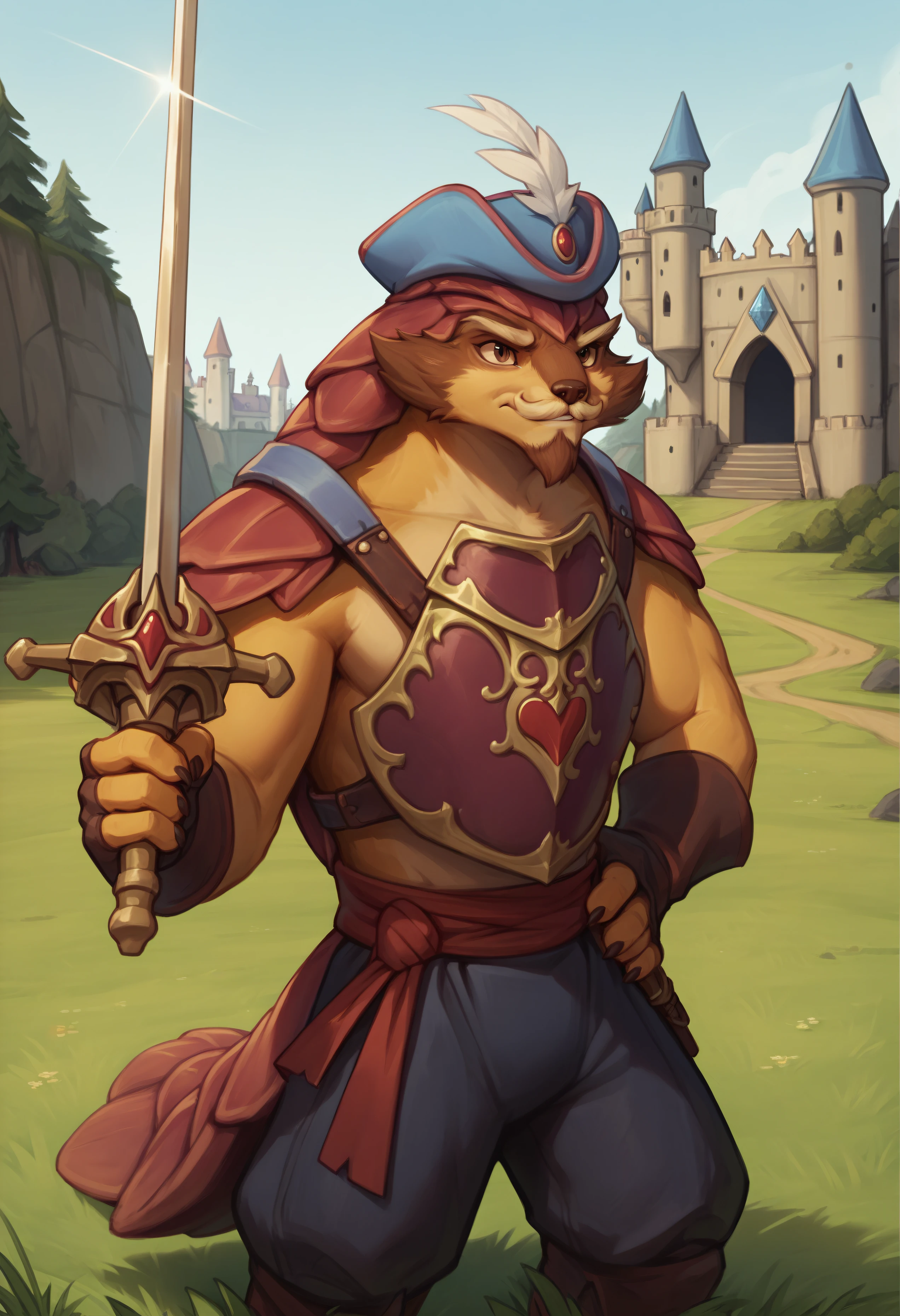 score_9, score_8_up, score_7_up, score_6_up, score_5_up, score_4_up, source_furry BREAK, pangopdxl, 1boy, solo focus, scales, mustache, hat, fingerless gloves, breastplate, grass, brown eyes, outdoors, furry, holding sword, cowboy shot, outside, royal castle, standing, stance, <lora:Pangolier:0.7>