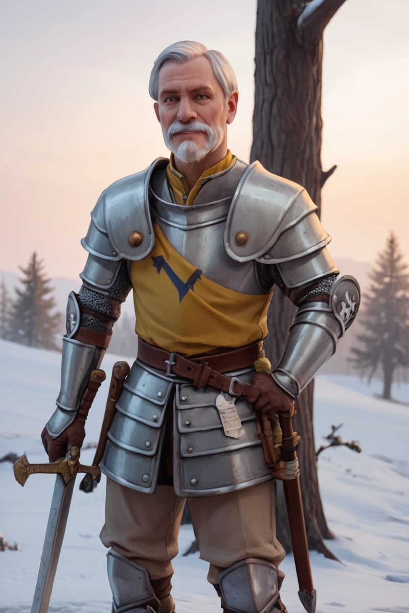 source_realistic, photorealistic sky, snow, withered trees, <lora:last-000045:0.8> empg3n3r4l, old man standing, holding sword in both hands, two-handed, skyward sword, serious look, balding, mustache, full armor, gilded armor, leopard pelt, no helmet, pauldrons, greaves, PonyXL_Scores, PonyXL_HQ, <lora:StS_detail_slider_v1:1>