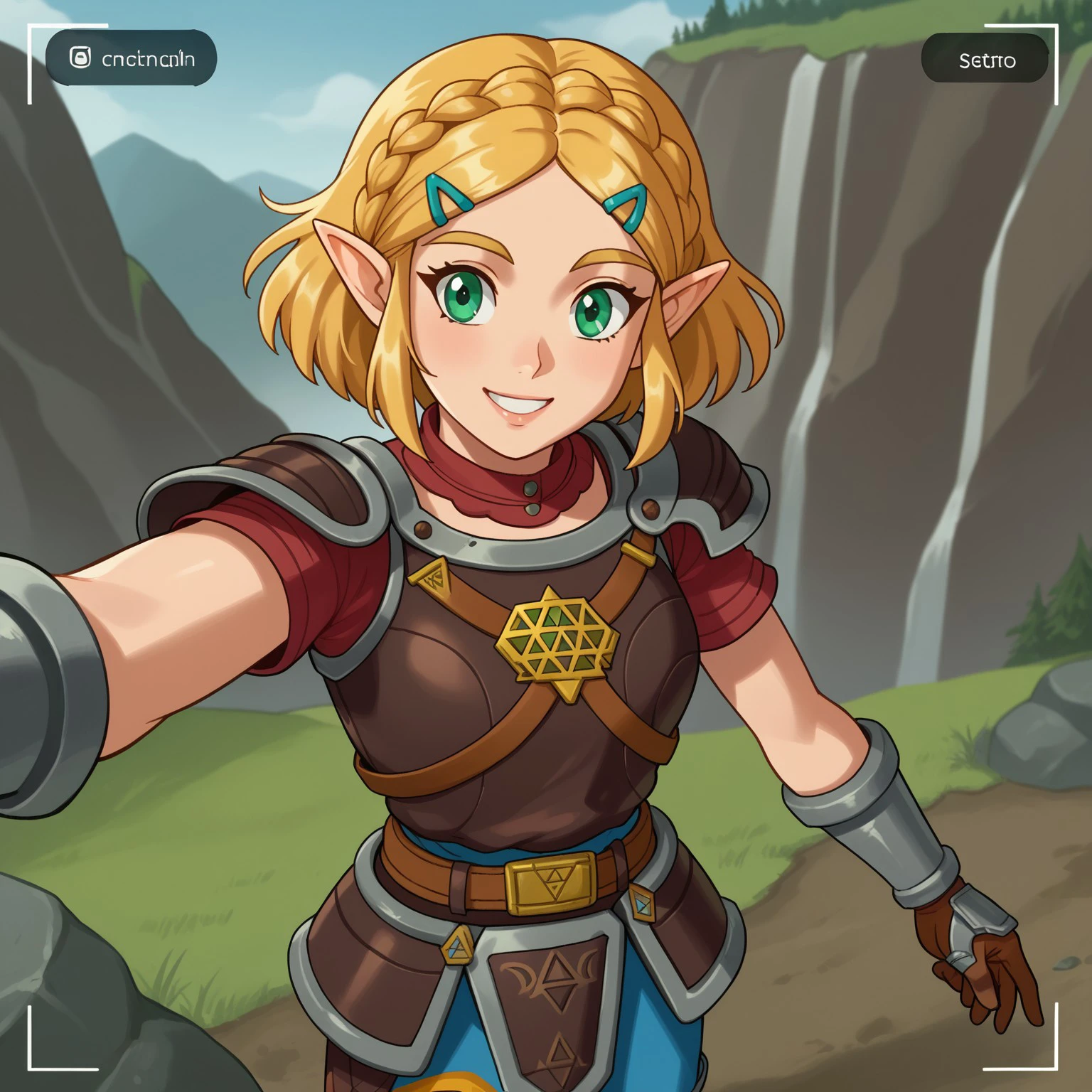 score_9, score_8_up, score_7_up, source_anime, anime coloring, status screen, equipment
BREAK
flamebreaker armor (female), flamebreaker boots (Female), 1girl, solo, smile,  short hair, blonde hair, hair ornament, gloves, holding sheikah slate, green eyes, braid, pointy ears, outdoors, rocky mountain, crag, day, hairclip,  crown braid, princess zelda, goron symbol, taking selfie.
