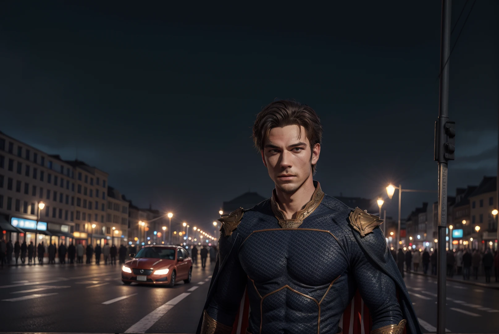 1boy,solo,homelander,shoulder,cape,outdoors,((night)),day,sky,road,city,blurry,portrait,Highly detailed,(ultra-detailed),(best quality,masterpiece:1.5),