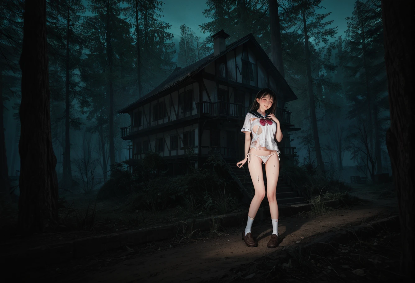 ,ruanyi0957,forest,outdoors,night,dark,house,
,ruanyi0917,torn clothes,school uniform,white shirt,side-tie panties,crying,<lora:0957 cabin in the woods_v1_pony:0.8>,<lora:0917 torn student shirt_v1_pony:0.7>, score_9, score_8_up, score_7_up, score_6_up, score_9, score_8_up, score_7_up, score_6_up source_anime, blush, 1girl, seduce smile, perfect body , natural huge breasts
