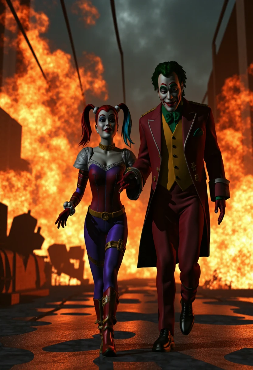 rebootstyle, Harley Quinn and The Joker walking away from a burning hospital.    <lora:Reboot_Style_F1D-000021:0.9>